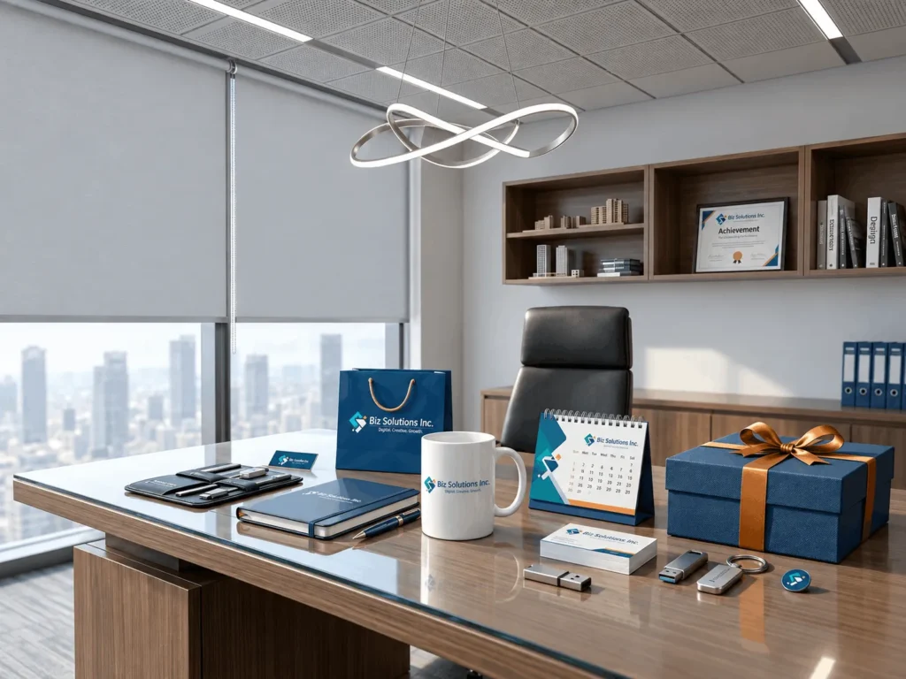 Biz Solutions Inc. branded office desk with mug, notebook, gift box, and corporate merchandise in a modern executive office