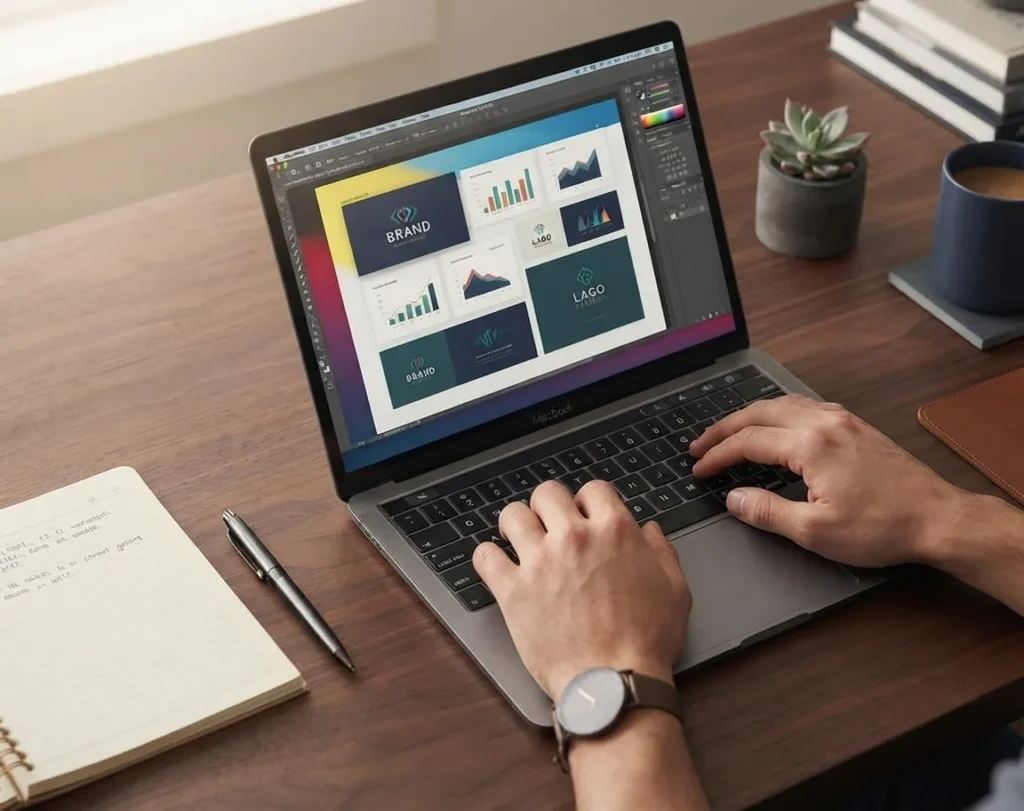 Overhead view of hands typing on a laptop displaying a brand design mockup, with a notebook and coffee cup on a desk, representing Biz Solutions' creative and digital workspace.